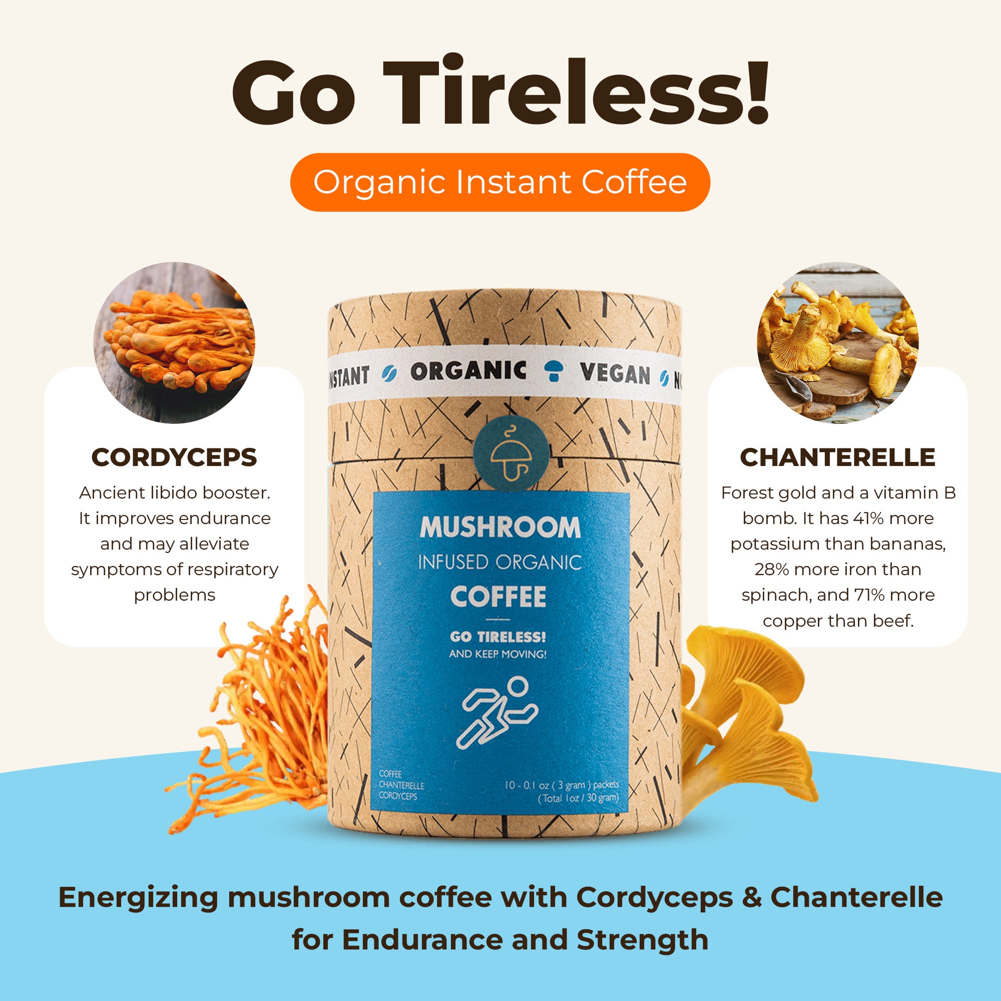 Go Tireless – organic instant coffee with Cordyceps and Chanterelle